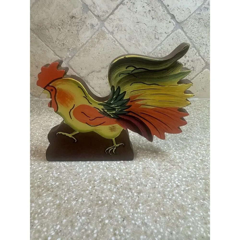 VTG Wooden Rooster Shelf Sitter Folk Art Colorful Hand Painted Farmhouse Country